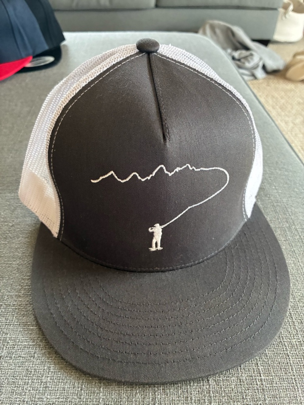 Men's Black and White Mesh Back Trucker Hat - Fishing Embroidered